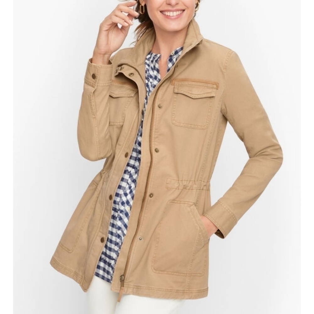 Talbots Stretch Twill Khaki Tan Cinch Waist Zip & Snap Front Field Jacket